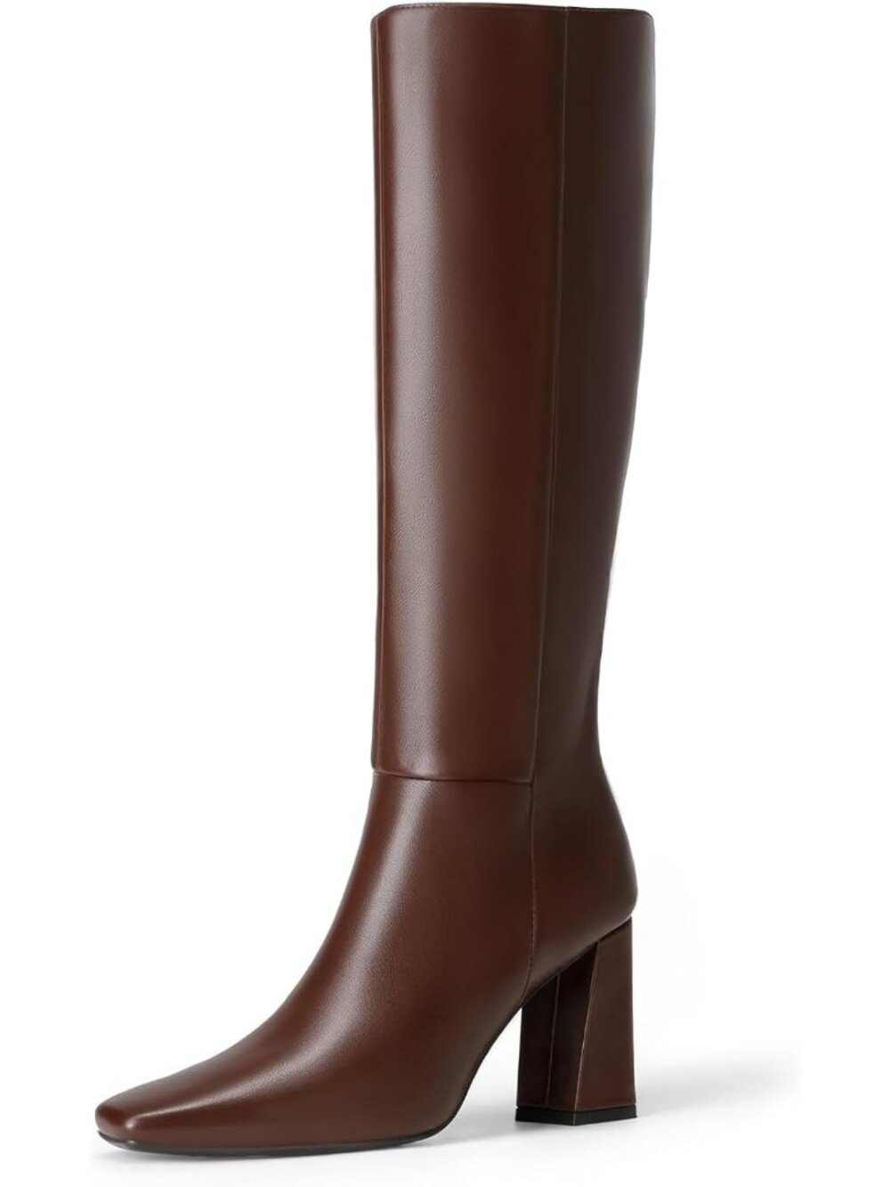 Women's Brown Faux Leather Square Toe Block Heel Side Zipper Knee High Boots